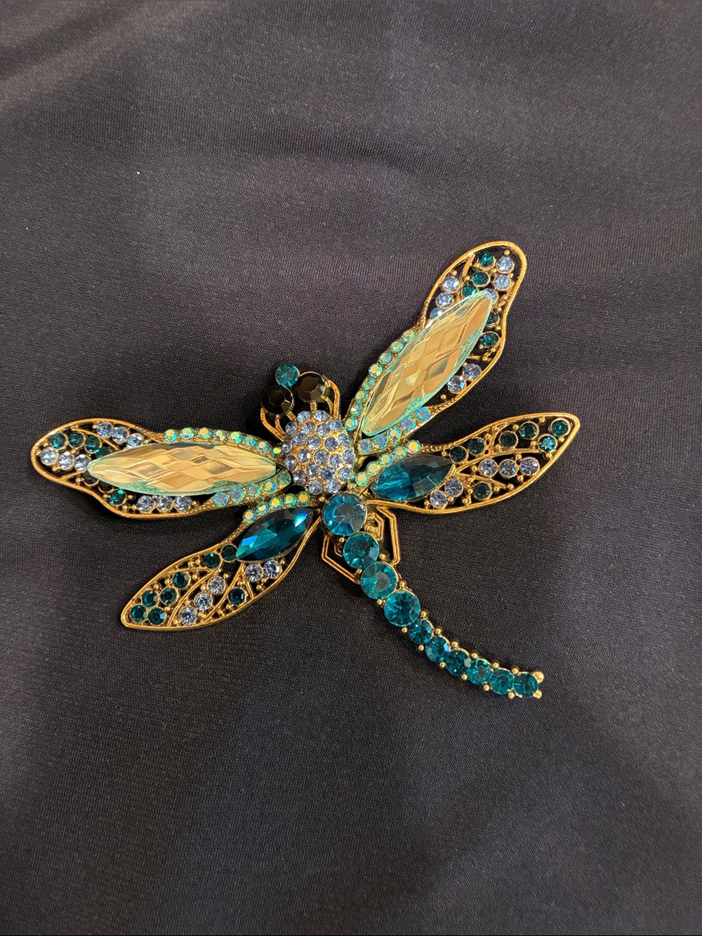 Large Blue Dragonfly Brooch - Rhinestone and Crystal and Gold Tones (ABBA) - Picture 2 of 16